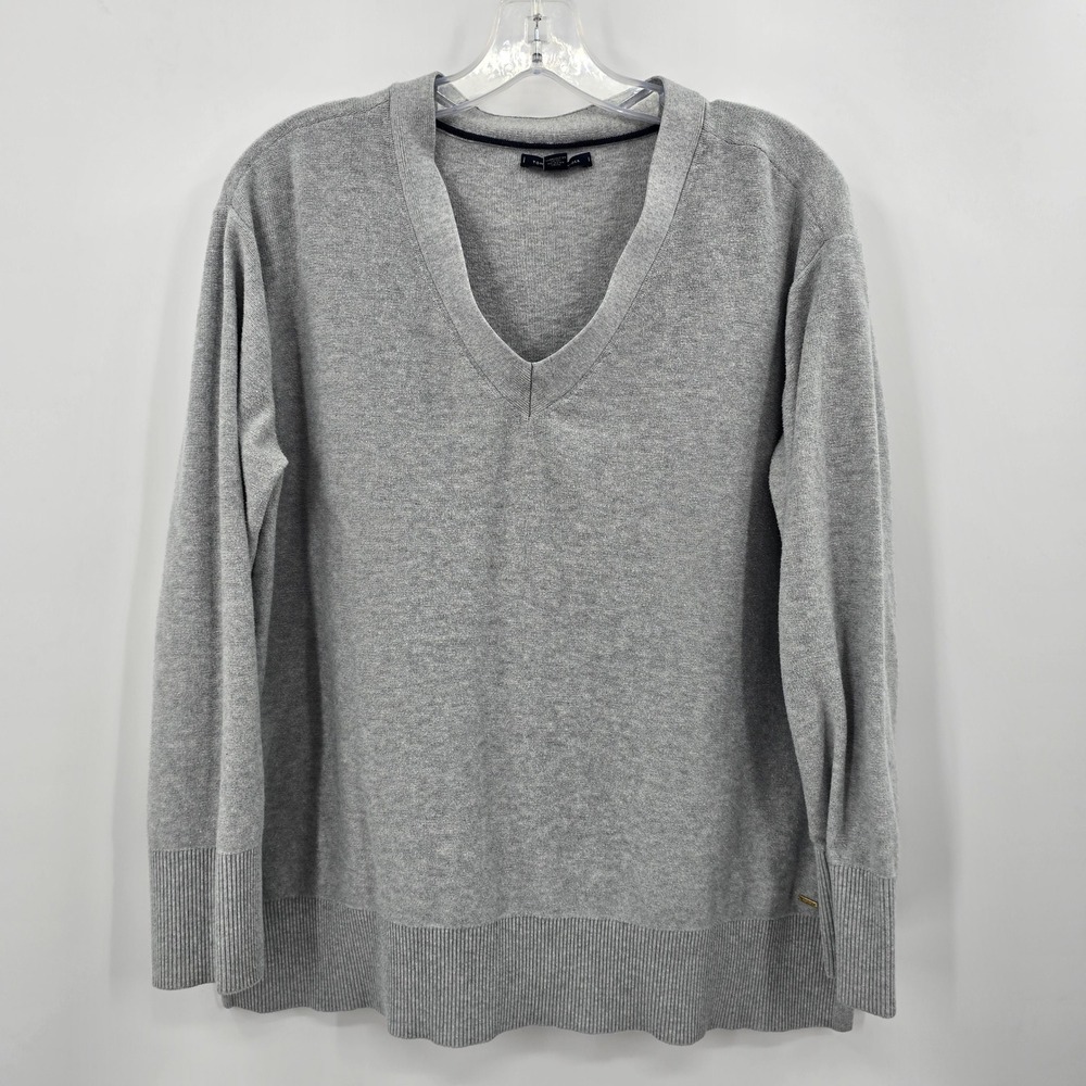 Tommy Hilfiger Womens XL Gray V-Neck 100% Cotton Long Sleeve Knit Sweater 982264